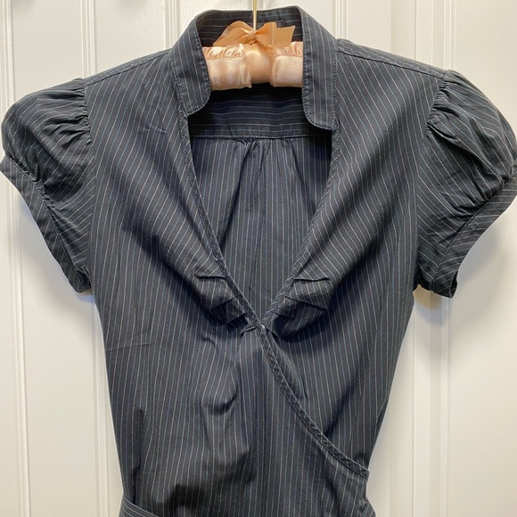 Pinstripe Wrap Office Dress with Cap Sleeve - Picture 2 of 5